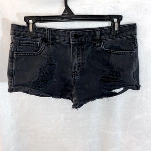 Black distressed denim shorts